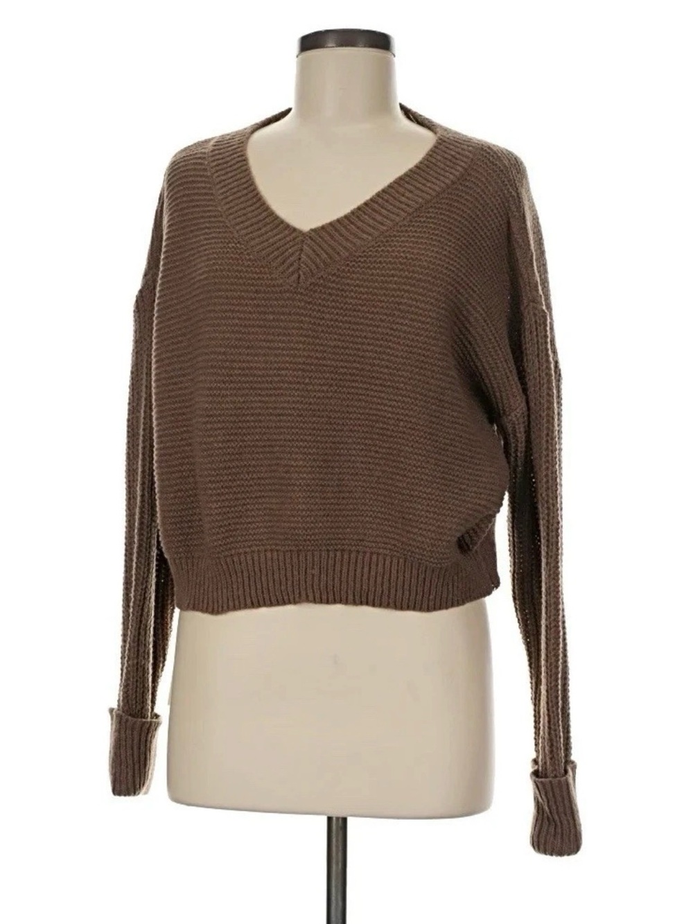 Commense Taupe V-Neck Ribbed Knit Sweater